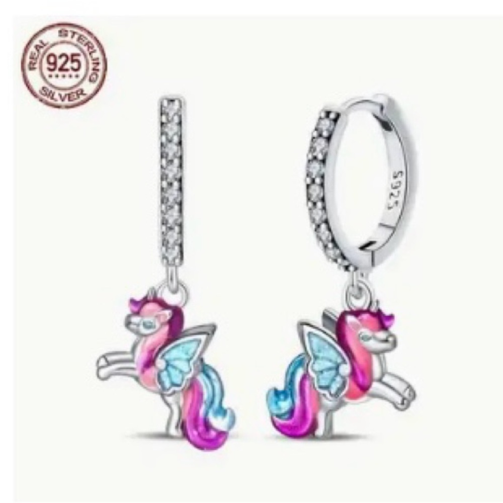 Silver with Pink & purple Unicorn Drop Earrings with Crystal Hoops